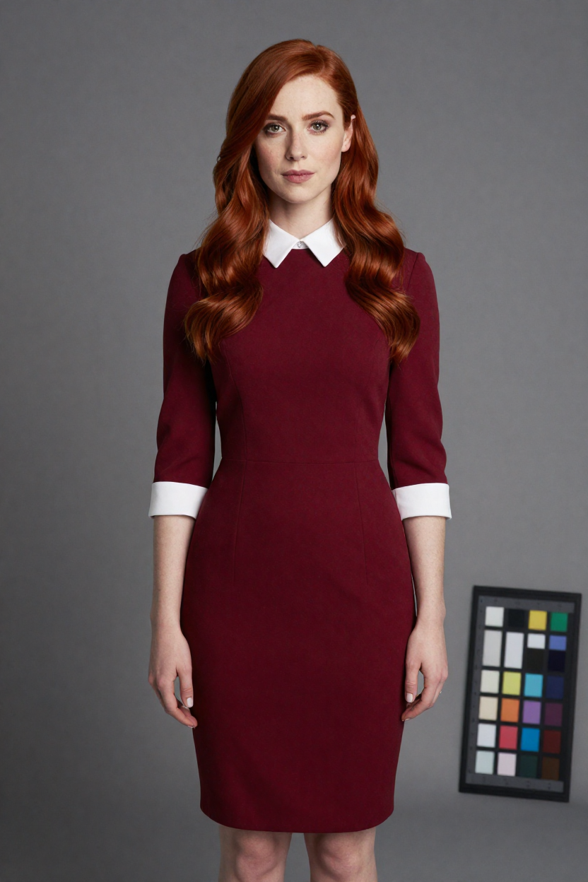 Editorial portrait of a fictional 32-year-old woman with long copper-red hair in loose waves with a