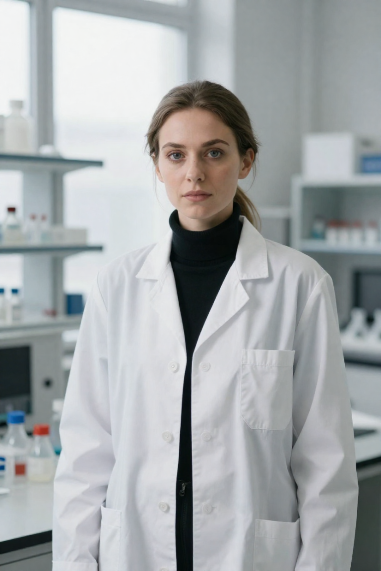 SecurityCheck studio portrait of a fictional adult woman with ash-brown hair in a low ponytail, wearing a white lab coat over a black turtleneck in a bright inspection laboratory