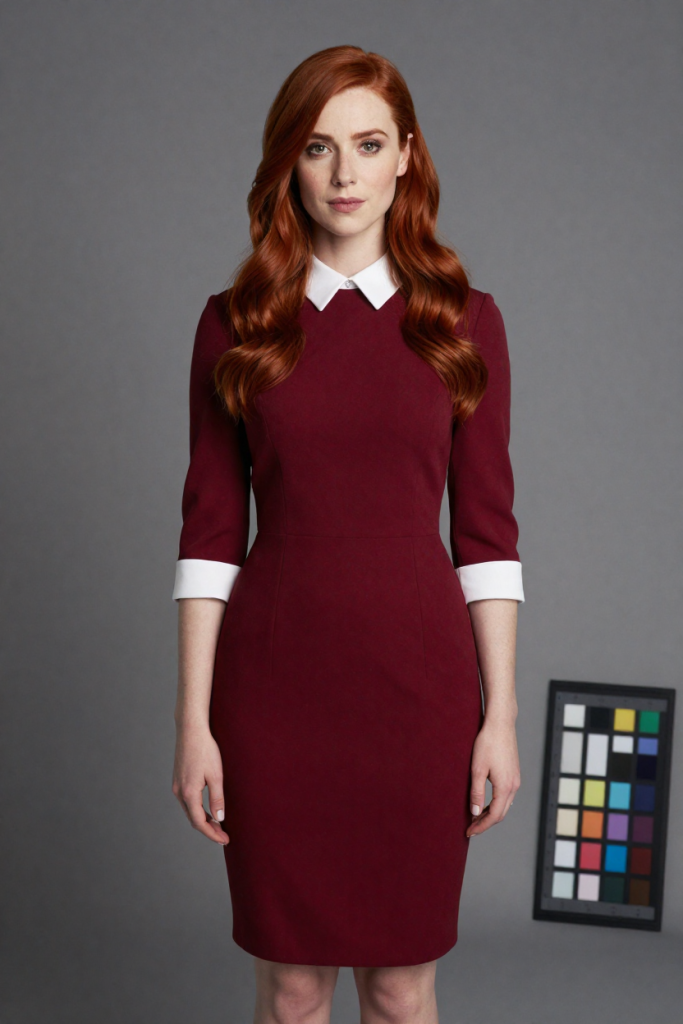 SecurityCheck studio portrait of a fictional adult woman with long copper-red wavy hair, wearing a vermilion dress with white contrast collar and cuffs beside a colour calibration chart