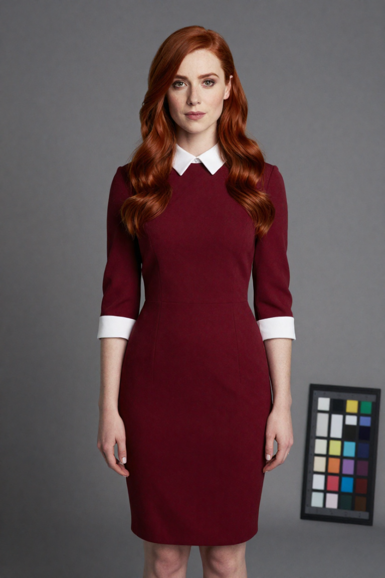 SecurityCheck studio portrait of a fictional adult woman with long copper-red wavy hair, wearing a vermilion dress with white contrast collar and cuffs beside a colour calibration chart